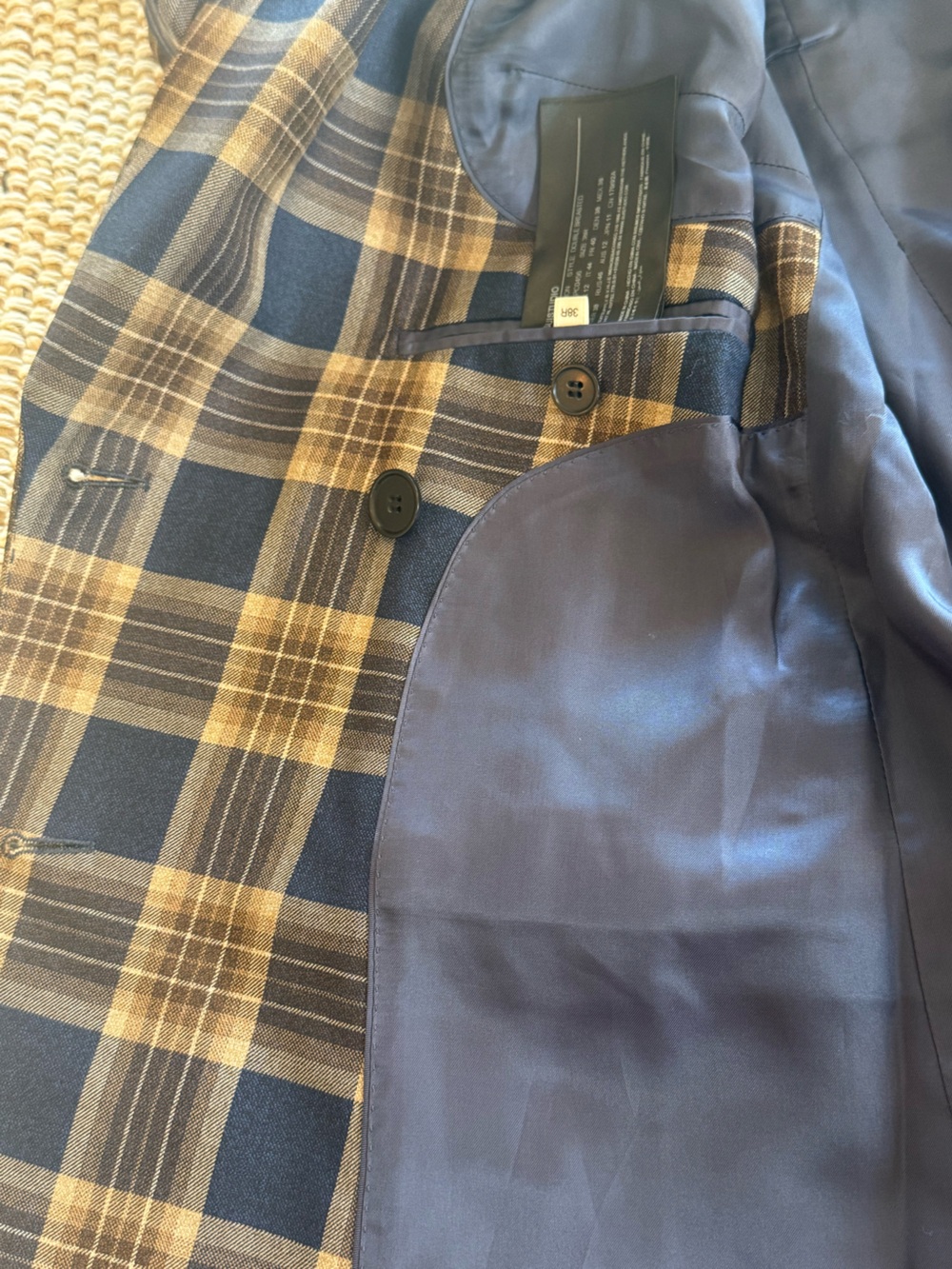 SUISTUDIO Italian Wool Plaid Double Breasted Blazer Cameron Navy Tan US 6 - Picture 12 of 12